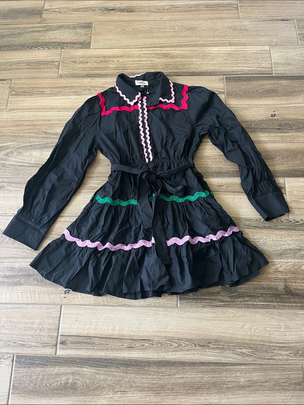 Black Ruffle Dress with Pink & Green Trim